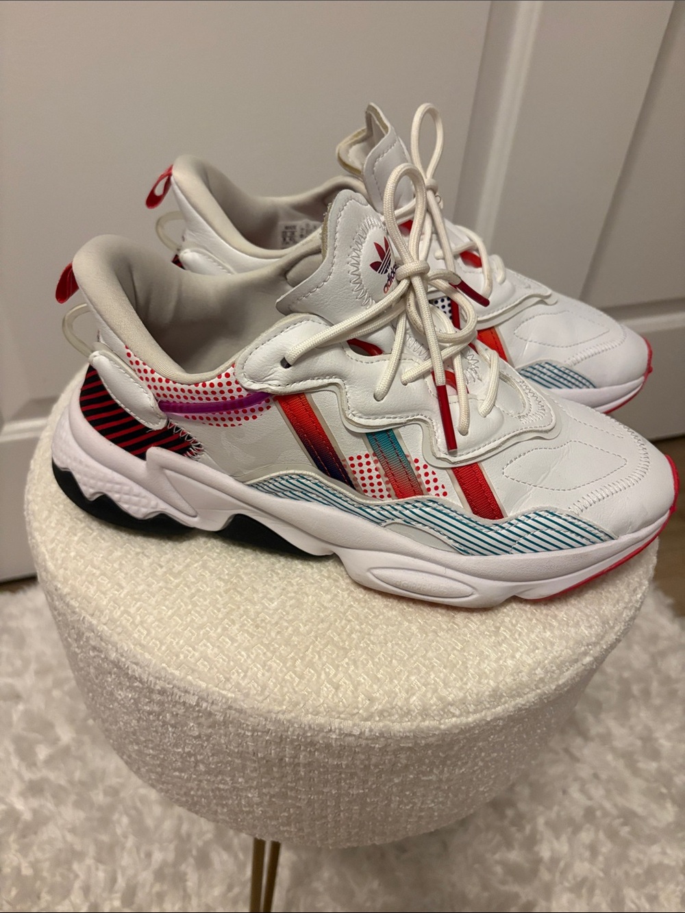 adidas White Sneakers with Red, Blue and Pink Accents